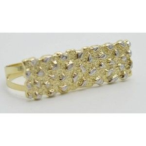 Real 10K Yellow White Gold Mens Rectangular Nugget Diamond Cut Two Finger Ring